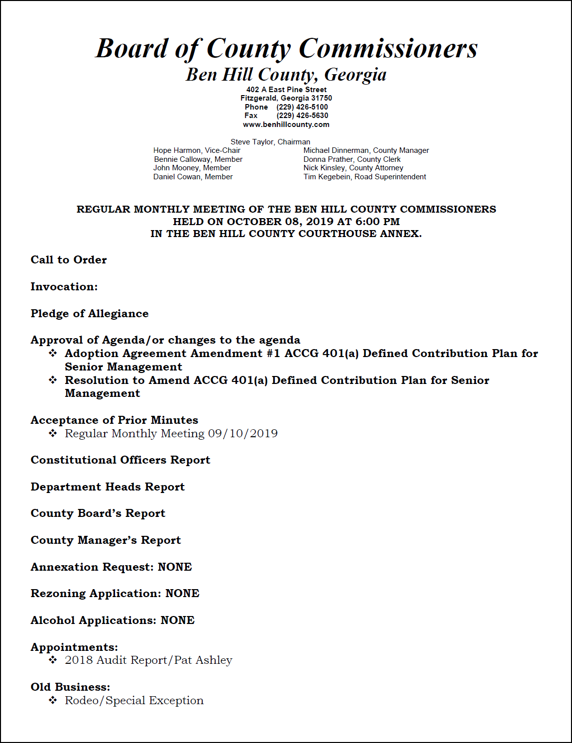 Meeting Agenda October 8 2019 Ben Hill County Meeting Agenda October 8 2019 Ben Hill County