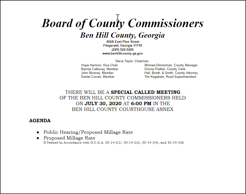 County Commission Special Called Meeting July 30 2020 Ben Hill County County Commission Special Called Meeting July 30 2020 Ben Hill County